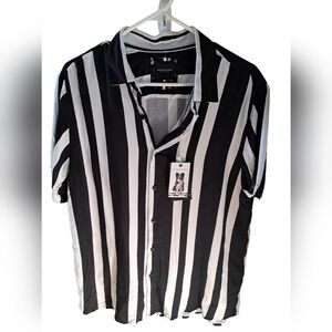 DENIM & FLOWER Ricky Singh Black White wide striped short sleeve shirt *flaw L
